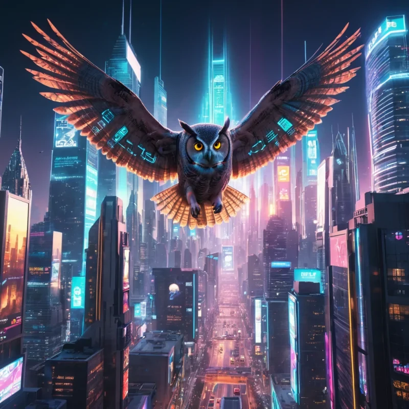 A futuristic, neonlit cityscape where flying vehicles hover above buildings with holographic advertisements, a lone, cybernetic owl perched on a skyscrapers edge, hyperrealistic, 4K, cinematic lighting, volumetric lighting, atmospheric effects, lens flare, vibrant colors, detailed textures.