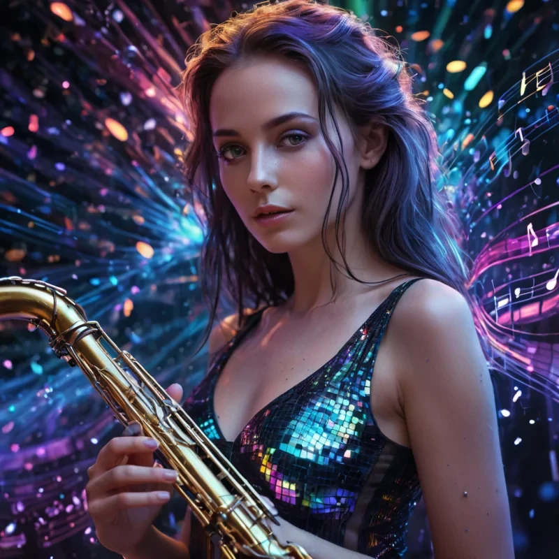 A hyperrealistic, 4K, ultra HD portrait of a quantum musician, her iridescent skin shimmering with the colors of a vibrant, neondrenched symphony at night. The musicians eyes, a deep, enigmatic topaz, hold the secrets of a thousand harmonious frequencies. Her hair, a cascade of shimmering, holographic musical notes, gently pulses with each beat of her rhythmic heart. The background is a surreal, hightech concert hall filled with floating, selftuning instruments and the soft glow of quantum harmonizers. Cinematic lighting accentuates the musicians otherworldly beauty, while a subtle bokeh effect blurs the neonlit melodies, creating an intimate, focused atmosphere.