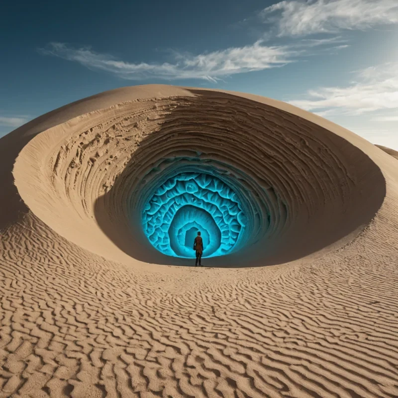 A horizontal, eyelevel medium shot of a vast, arid desert landscape where the ground is composed of fine, powdered turquoise clay that forms intricate, windsculpted ridges and dunes. In the center, a colossal, solitary structure resembling a giant, hollowedout geode made of translucent, milky quartz rises from the sand, its interior filled with a dense, glowing cloud of suspended golden dust particles that swirl in slow, hypnotic patterns. The light source is a pale, oversized moon low on the horizon, casting long, sharp shadows and creating a stark contrast between the cool blue tones of the sand and the warm, metallic glow within the quartz structure. In the foreground, a figure wearing a sleek, formfitting