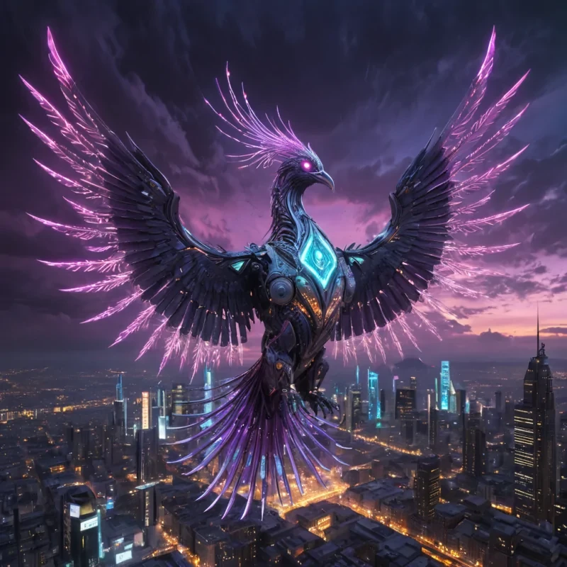 A colossal, ancient, mechanical phoenix, its metallic feathers adorned with intricate, pulsating neon circuits, descends from a stormy, amethyst sky, leaving a trail of iridescent, otherworldly contrails. Below, a labyrinthine, neonlit cityscape sprawls, its towering, obsidian spires reflecting the phoenixs ethereal glow. Suspended within its transparent, bioluminescent belly, a holographic, sentient, mechanical swarm of butterflies dances, casting ephemeral shadows on the citys inhabitants, sentient, robotic, avian creatures. Rendered in ultra HD, with dynamic lighting, atmospheric effects, and a subtle b