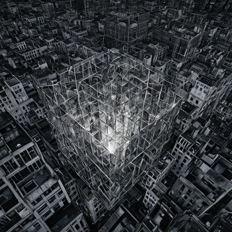 A single, selfreplicating lattice of crystallized time fractures through the center of a suspended, inverted cityscape built from the fused remains of a thousand unlit streetlights that never illuminated a street that never existed. The lattice does not expandit contracts with each pulse, drawing the kinetic energy of a century of uncast shadows into its core, condensing into a dense, cobalt hexahedron that hums with the quantum resonance of a moment that never occurred. The citys buildings are not concretethey are hollowedout spires of solidified silence, each window etched with the chromatic afterimage of a reflection that never formed. Above, the sky is not atmosphereit is a viscous, shimmering layer of