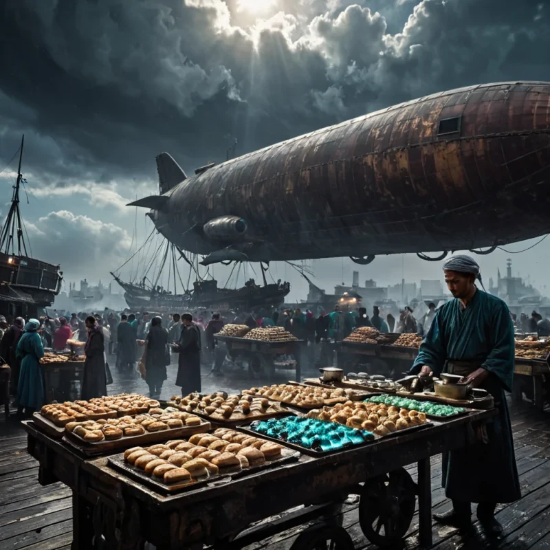 A horizontal, eyelevel wide shot of a bustling, openair bazaar located on the deck of a colossal, rusted iron airship drifting through a dense, violethued cloud layer. The market stalls are constructed from repurposed aircraft fuselage sections and polished brass barrels, selling floating vials of captured lightning and spools of iridescent spidersilk thread. In the immediate foreground, a merchant with skin resembling cracked porcelain and eyes like polished emeralds carefully balances a tray of steaming, aromatic pastries filled with glowing blue jam. The lighting is moody and atmospheric, with soft, diffused sunlight breaking through the clouds above, casting long, dramatic shadows across the wet, riveted metal floor, while tiny, bi