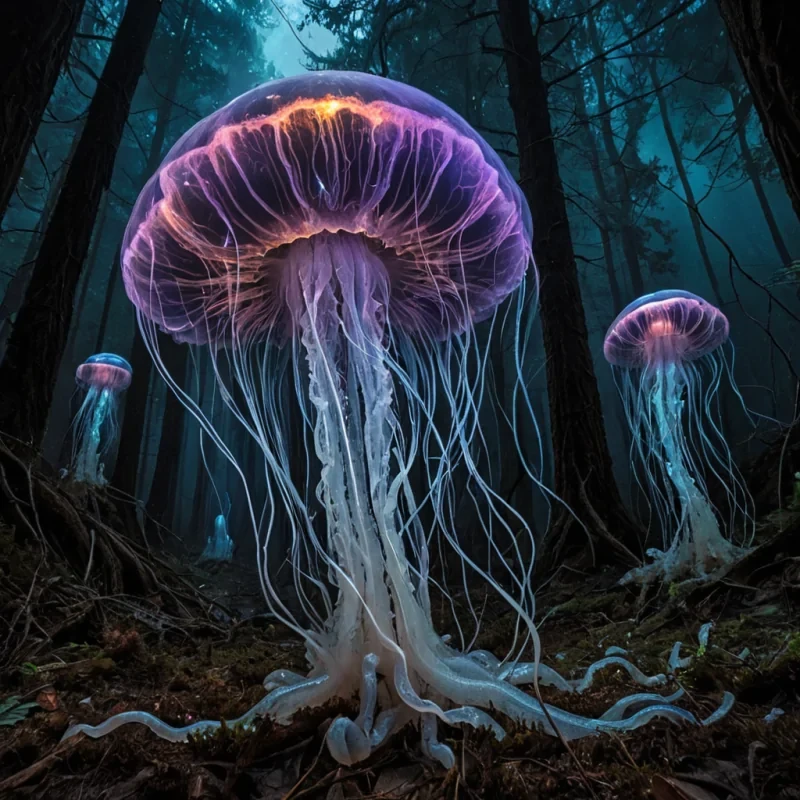 A single, rotating cluster of iridescent, semitransparent jellyfish made of solidified silence and compressed starlight drifts through a cavernous, inverted forest of crystalline roots that grow upward into the ceiling like frozen lightning strikes. The jellyfish do not pulse with lightthey emit a low, subsonic hum that resonates with the emotional weight of every unspoken truth buried beneath the earth. Their tentacles are not organicthey are braided strands of solidified breath, each one etched with the faint, ghostly script of a promise made to the dark. The forest floor is not soilit is a thick, glassy layer of solidified time, cracked in fractal patterns that reflect not the sky, but the shape of