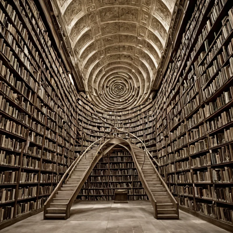 A single, selfrewriting scroll of solidified silence, shaped like a spiraling, nonlinguistic script of reversed memory, pulses at the center of a vast, suspended library built from the compressed, unrecorded dreams of a civilization that communicated through the duration of synchronized, silent dreaming. The scroll does not writedit unremembers, each twist dissolving a layer of narrative that never coalesced into language, reforming into ephemeral, silverveined glyphs shaped like the negative space between two minds that never shared the same dream. The library is not textualit is a layered expanse of petrified subconscious, each shelf etched with the neural residue of a thought that was almost formed, its walls shimmer