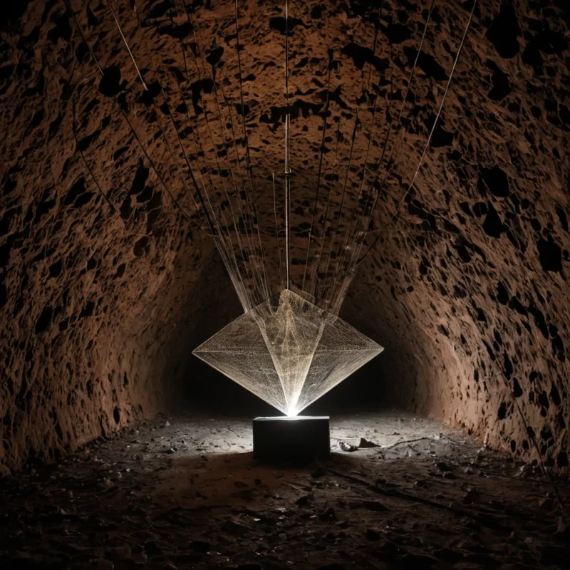 A single, selffragmenting prism of solidified static hangs suspended in the center of a cavern carved from the hollowedout core of a dead radio telescope, its facets not glass but woven from the compressed electromagnetic residue of a broadcast that never aired. The prism does not refract lightit unrefracts, each pulse reversing the dispersion of a signal lost to time, projecting backward into the air not images, but the faint, ghostly outlines of forgotten frequencies shaped like the silhouettes of people who never existed. The cavern walls are not rockthey are layered sheets of oxidized copper mesh, each panel etched with the thermal afterimage of a transmission that was never received, their surfaces humming with the low, subsonic