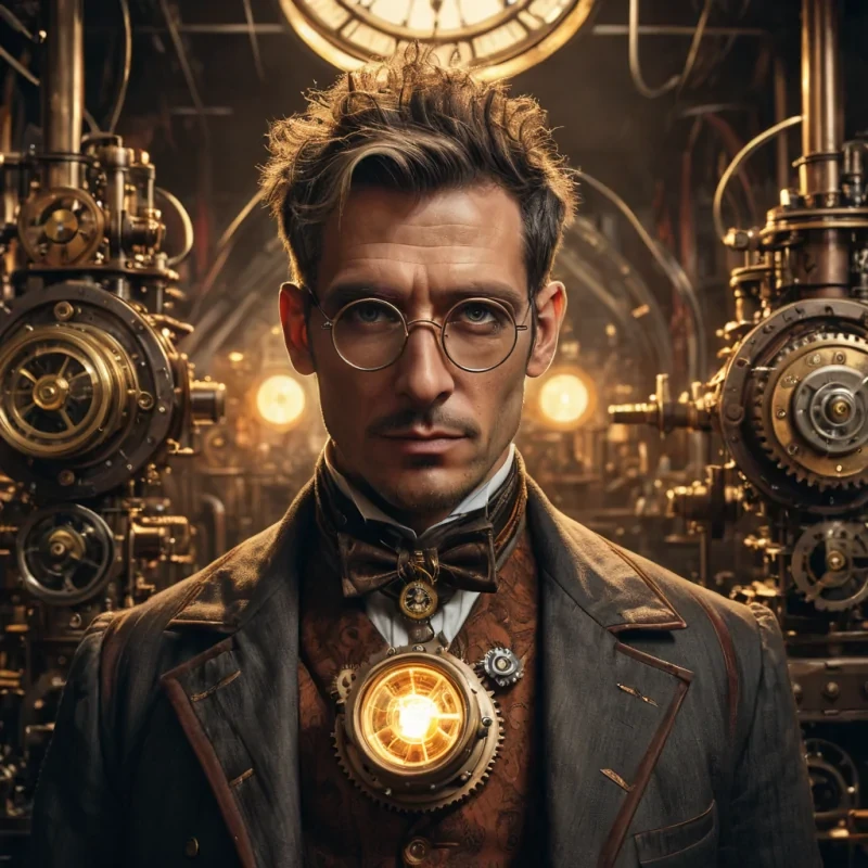 A cinematic, photorealistic portrait of a steampunk inventor, their face illuminated by the warm glow of their latest creation, a complex contraption of brass, gears, and glass, set against a backdrop of a stormy, industrial cityscape, Ultra HD clarity, dramatic cinematic lighting, and intricate textures.