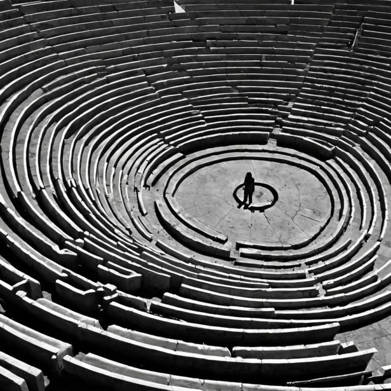 A single, selfsustaining knot of liquid shadow and solidified static hums in the center of a vast, still amphitheater built entirely of inverted, petrified laughter from a civilization that communicated through the frequency of unbroken silences. The knot does not unravelit resonates, vibrating at a frequency that fractures the surrounding air into slowmotion waves shaped like the negative space between two shoulders that never leaned into a shared joke, each ripple glowing with the faint, subharmonic afterimage of a laugh that was almost heard. The amphitheater is not stoneit is a layered expanse of suspended breaths from a thousand unspoken comedies, each seat etched with the emotional residue of a punchline that never landed,