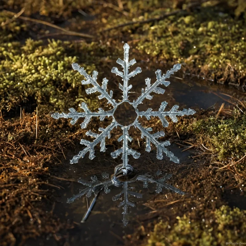 A tight, mediumshot hyperrealistic photograph of a single, perfectly formed snowflake resting on the tip of a sharp, rusted vintage key. The snowflake is not made of ice, but of intricate, delicate, metallic wire filaments twisted into a fractal pattern, reflecting a warm, goldenhour sunlight that casts long, complex shadows across the textured, pitted surface of the key. The key itself is partially submerged in a shallow, clear puddle of water that ripples with subtle, concentric rings, distorting the reflection of the wire snowflake into abstract, liquid shapes. The background is a soft, outoffocus blur of deep, muted forest greens and earthy browns, suggesting a damp, mossy ground,