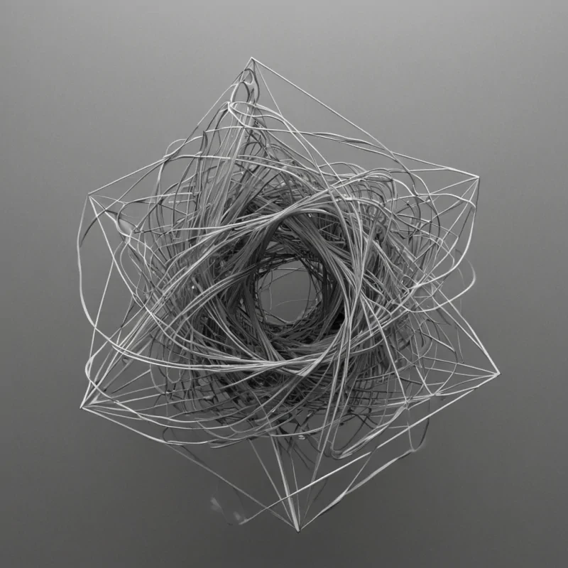 A single, selfilluminating knot of reversed geometry, shaped like a 3,000dimensional tangle of unformed space and inverted perspective, floats at the center of a vast, inverted void of solidified perspective. Each strand is woven from the exact moment between a line being drawn and its refusal to extend, an angle forming and dissolving into nonorientation, a horizon appearing and collapsing into pure, unmeasured nondirection. The knot does not define formit undefines it, each fraying twist shedding a layer of spatial potential that never coalesced into structure, symmetry, or depth, reforming into ephemeral, prismatic fog that contracts inward, folding reality into a singularity of impossible angles, where