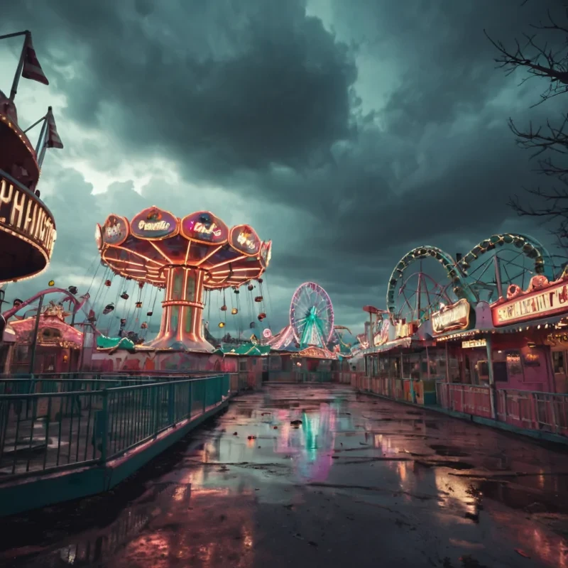 A vast, abandoned amusement park where neon rides stretch towards a stormy sky, the air filled with the faint echo of forgotten laughter, hyperrealistic, ultra HD, cinematic lighting, volumetric lighting, atmospheric effects, dynamic lighting, bokeh effect, soft focus, lens flare, pastel tones, detailed textures.