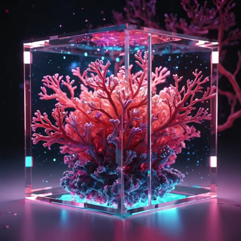 Hyperrealistic neon corals with reflective metallic branches swaying in a cubic ruby chamber filled with luminescent quantum vapor, holographic petals floating in dynamic lighting, soft focus, vibrant colors, 4K