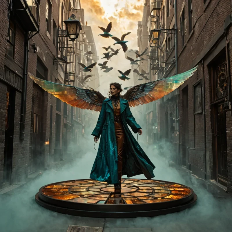A vertical, eyelevel medium shot of a narrow, vertical alleyway within a city constructed entirely from interlocking, translucent blocks of honeycombpatterned amber glass. The walls are lined with recessed niches housing intricate, steampunkinspired mechanical birds made of polished brass and porcelain, their wings slowly flapping to fan out clouds of fragrant, violethued smoke. In the center, a figure wearing a long, flowing coat woven from iridescent, oilslick fabric in shifting shades of deep teal and burnt orange stands on a floating, circular platform made of polished obsidian. They hold a delicate, handheld lantern crafted from thin sheets of mica that emits a warm, golden light, illuminating the dust motes dancing in the