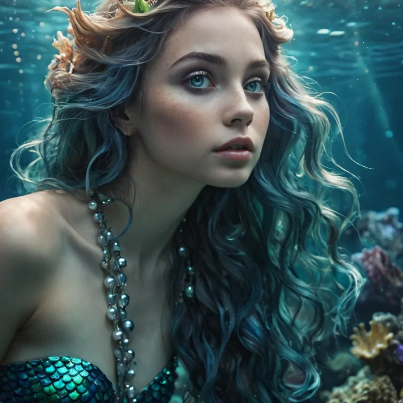 A hyperrealistic, 4K, ultra HD portrait of a mythical mermaid, her scales shimmering with iridescent opalescence. Her eyes, a deep, enigmatic sapphire, hold the secrets of the oceans depths. The mermaids hair, a cascade of liquid pearls and seaweed, gently undulates with an underwater grace. The background is a surreal, aquatic landscape of swirling, ethereal hues, with distant shipwrecks and marine life casting a soft, aquatic glow. Cinematic lighting accentuates the mermaids ethereal features, while a subtle bokeh effect blurs the watery backdrop, creating an enchanting atmosphere.