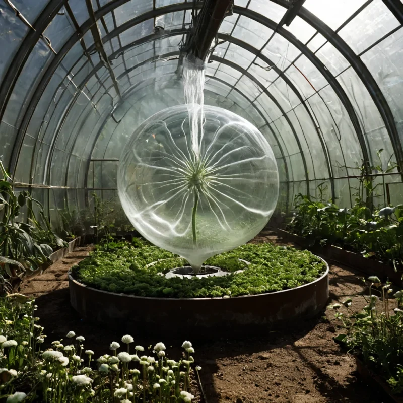 A single, selfsiphoning vortex of liquid time rotates at the center of a floating, inverted greenhouse suspended in the upper atmosphere of a gas giant, its structure not glass or steel but grown from the solidified breath of a thousand unspoken gardeners who never planted a seed. The vortex does not spinit unfolds, each rotation releasing a wave of reverse entropy that dissolves the fabric of growth into a mist of crystalline pollen, each grain etched with the chromatic echo of a petal that never bloomed. The greenhouses walls are not transparentthey are layers of petrified sunlight, each pane a fossilized moment of dawn that never reached the soil. Inside, the plants are not rootedthey float in slow