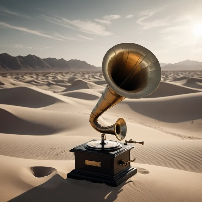 A hyperrealistic, 4K portrait of a whimsical, levitating vintage phonograph, its brass horn emitting ethereal, otherworldly melodies, set against a surreal, monochromatic landscape of undulating, shadowy dunes, with cinematic lighting casting dramatic shadows and emphasizing the intricate, art deco design, and a subtle, cool bokeh effect creating a sense of isolation and enchantment.