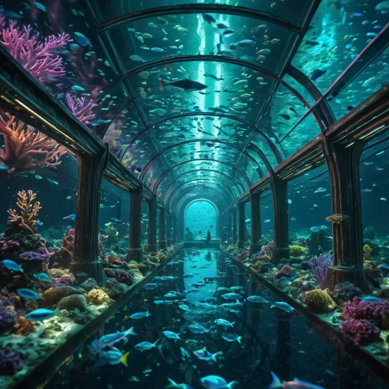 A vast, underwater metropolis illuminated by bioluminescent algae, where schools of iridescent fish swim through transparent tunnels connecting colossal, corallike structures, hyperrealistic, ultra HD, cinematic lighting, volumetric lighting, atmospheric effects, dynamic lighting, bokeh effect, soft focus, lens flare, vibrant colors, detailed textures.