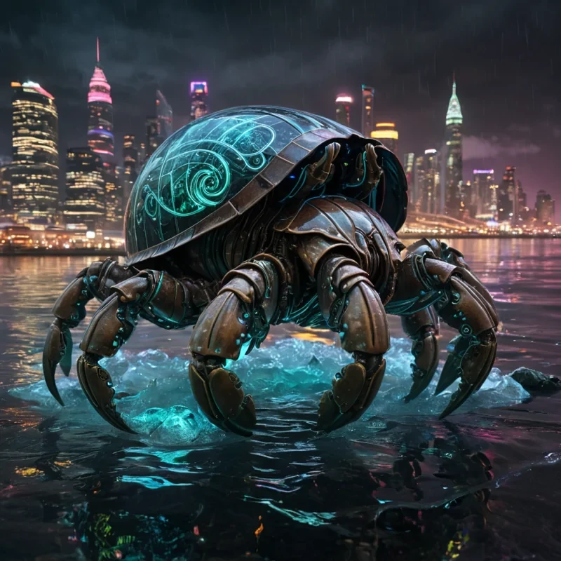 A colossal, ancient, mechanical hermit crab, its metallic shell adorned with intricate, pulsating neon circuits, emerges from a stormy, obsidian sea, leaving a trail of iridescent, otherworldly waves. Within its transparent, bioluminescent body, a labyrinthine, neonlit cityscape sprawls, its towering, glass spires casting ephemeral shadows on the citys sentient, robotic inhabitants. Rendered in ultra HD, with dynamic lighting, atmospheric effects, and vibrant colors, evoking a sense of awe and wonder at this aquatic, otherworldly marvel.