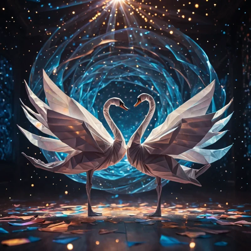 A hyperrealistic, 4K portrait of a sentient, levitating origami swan gracefully dancing with a spectral, ethereal partner in a zerogravity, bioluminescent ballroom, surrounded by a swirling, kaleidoscopic vortex of stardust and cosmic energy, with cinematic lighting casting dramatic shadows and emphasizing the intricate, paperthin forms, and a subtle, warm bokeh effect creating a sense of otherworldly enchantment.