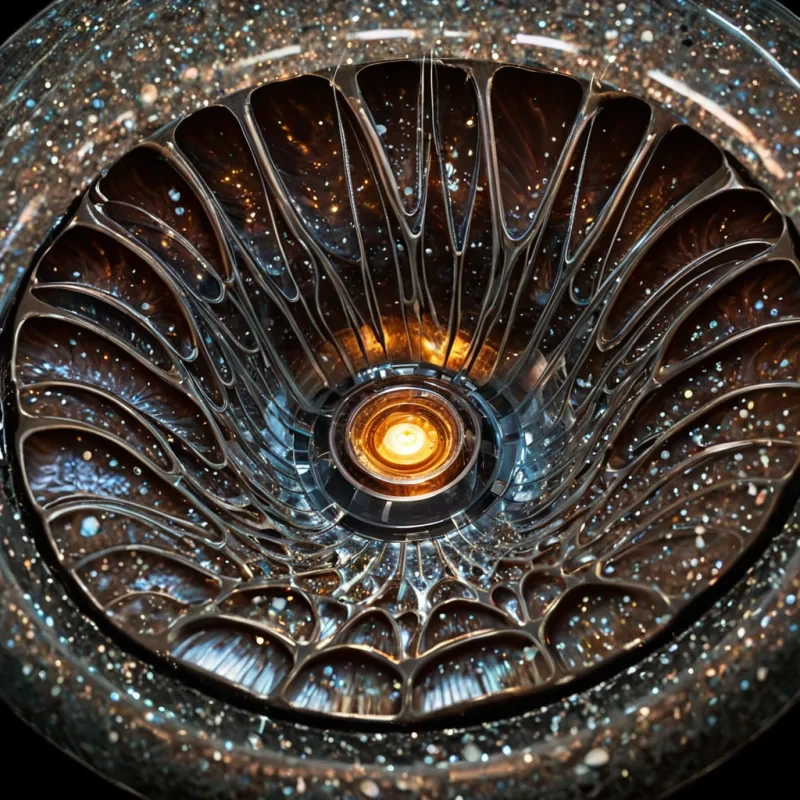 A lowangle, macro lens shot capturing the interior of a colossal, hollowedout nautilus shell that serves as a futuristic command center. The interior chambers are lined with polished, pearlescent nacre that reflects a warm, amber glow from a central, floating sphere of dense, magnetic liquid mercury. Surrounding the mercury core are dozens of delicate, skeletal fingers made of translucent, bioglass, each holding a tiny, rotating holographic map of a different, impossible geometry. The air is thick with suspended, microscopic dust motes that shimmer like diamond powder, catching the light in sharp, geometric fragments. The lighting is intricate and complex, with deep, shadowed crevices contrasting against the bright, liquid reflections, creating a sense of