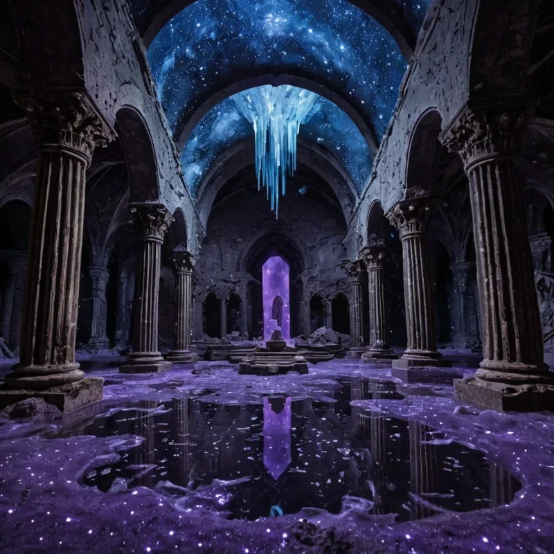 A sprawling, submerged cathedral of solidified moonlight, nestled beneath the surface of a stagnant, mercuryblack sea, its arched ceilings woven from strands of frozen auroras and suspended relics of drowned stars. Each column is carved from petrified sound waves, resonating faintly with harmonics that ripple across the water like silent echoes. At the altar, a single, crystalline hourglass floats suspendedits sand composed of shattered time fragments that glow with a soft, pulsing indigo. From the ceiling, countless glass shards hang like chandeliers, refracting the dim bioluminescence into a kaleidoscope of violet and silver mists. The water is thick with suspended dust motes that spin in slow, hypnotic spir