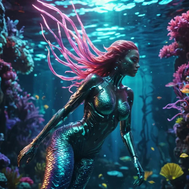 A cyborg mermaid swimming through a neonlit, underwater neon jungle, hyperrealistic, 4K, cinematic lighting, volumetric lighting, atmospheric effects, dynamic lighting, bokeh effect, soft focus, lens flare, vibrant colors, detailed textures.