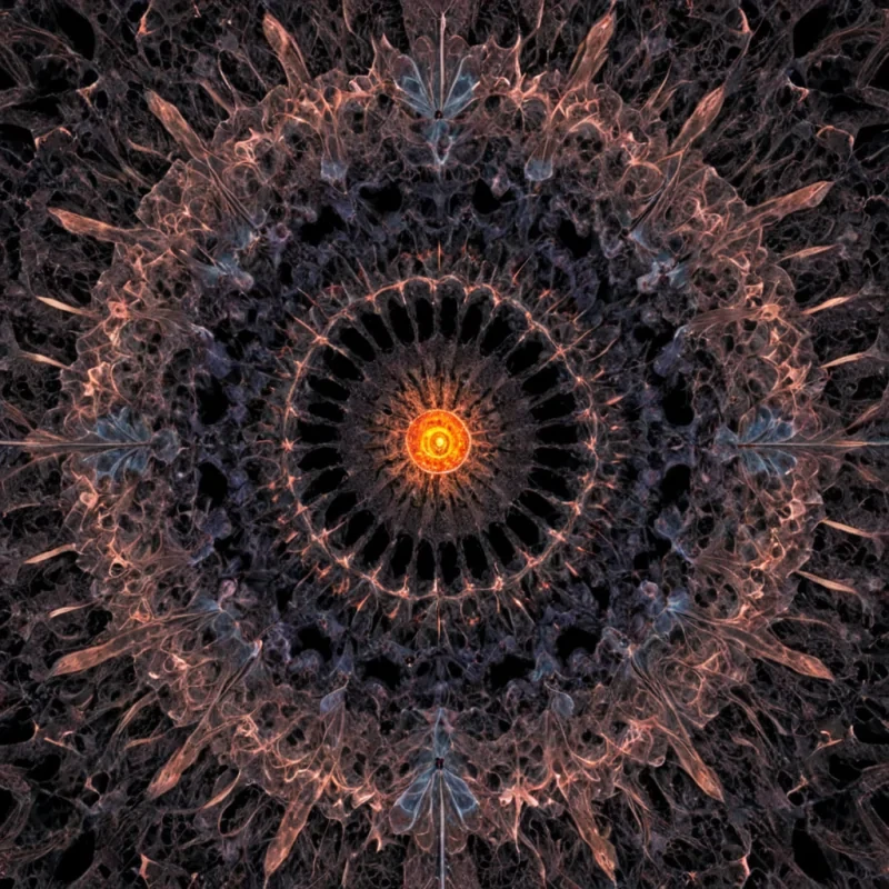 A single, selfilluminating fractal of inverted gravity blooms in the center of a suspended, hyperdense void composed entirely of compressed, unobserved moments from parallel timelines that never intersected. The fractal does not expandit unfolds with each pulse, peeling back layers of time like a rose made of stillness, revealing not petals but crystalline shards of decision points that never occurred, each one humming with the quantum resonance of a choice that never had to be made. The void is not emptyit is a thick, syrupy medium of unrecorded light, its surface rippling with the chromatic afterimage of a sunrise that happened in a universe where the sun was never born. The fractal