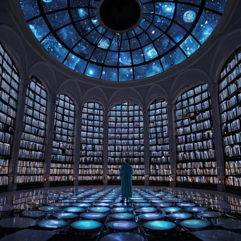 A hyperrealistic, eyelevel view of a vast, suspended archive hall constructed from seamless, polished white porcelain panels that curve upwards into a dome, illuminated by a diffuse, cool celestial glow filtering through a ceiling of stainedglass astrological charts. The floor is a checkerboard of matte black slate and highly reflective obsidian, mirroring the rooms contents with perfect clarity. Instead of books, the shelves are filled with thousands of upright, cylindrical glass vials, each containing a swirling, luminous nebula in distinct hues of electric blue, violet, and gold, representing captured memories of distant stars. In the center of the room, a solitary figure dressed in a flowing, iridescent silk robe made of woven fiberoptic cables stands