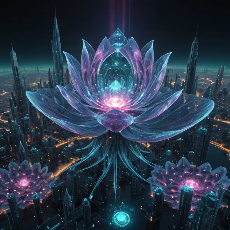A hyperrealistic, 4K, ultra HD, fractal, opalescent, lotus metropolis, its gemstone structures unfurling zero gravity, aerodynamic ecosystems. Volumetric lighting from unseen, pulsating, bioluminescent hearts etches the citys ethereal, labyrinthine architecture, casting intricate, dynamic, iridescent shadows on the inverted, reflective void. Cinematic lighting bathes the scene in vibrant, nebular hues, with lens flare emphasizing the citys central, radiant, throbbing, opalescent heart, pulsating with captive, alien, aerothermal energy. Photorealistic, fractal, gemstone structures unfurl ultra HD, zero gravity, aerodynamic ecosystems.