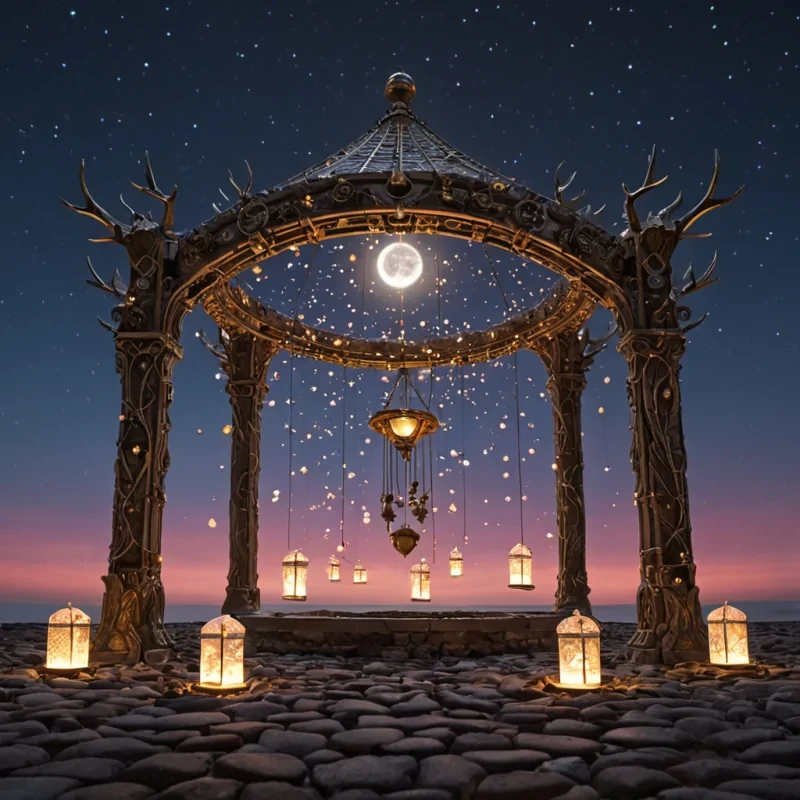 A celestial crescent moon hangs low in the velvety sky, casting an ethereal glow over a cobblestone squarescape where silver lanterns sway gently in the breeze. Intricate gyroscopic lamps dance above the ground, their crimson facets reflecting the ambient moonlight into shimmering prisms. In the center, a whimsical automaton, adorned with polished brass gears and crystal semicircles, rotates a radiant sundial, its base rooted in golden sand. Luminous bubbles hover around it, each one refracting the silvery moonbeams into kaleidoscopic patterns. The horizon shifts seamlessly into a silken band of pastel clouds, where a bioluminescent elk with antlers shaped like delicate branches gazes ser