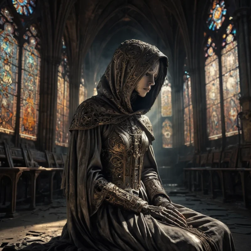 Photorealistic, Ultra HD portrait of a melancholic, sentient automaton, its metallic body adorned with intricate, tarnished filigree, sitting alone in a vast, abandoned cathedral, surrounded by towering, gothic arches and faded, stainedglass windows, with cinematic lighting casting dramatic shadows and emphasizing the intricate, steampunkinspired design, and a subtle, cool bokeh effect creating a sense of isolation and melancholy, as a lone, spectral comet streaks across the night sky, its glowing tail leaving a trail of stardust in its wake, while a spectral, ethereal figure, cloaked in a tattered, hooded robe, stands silently at the edge of