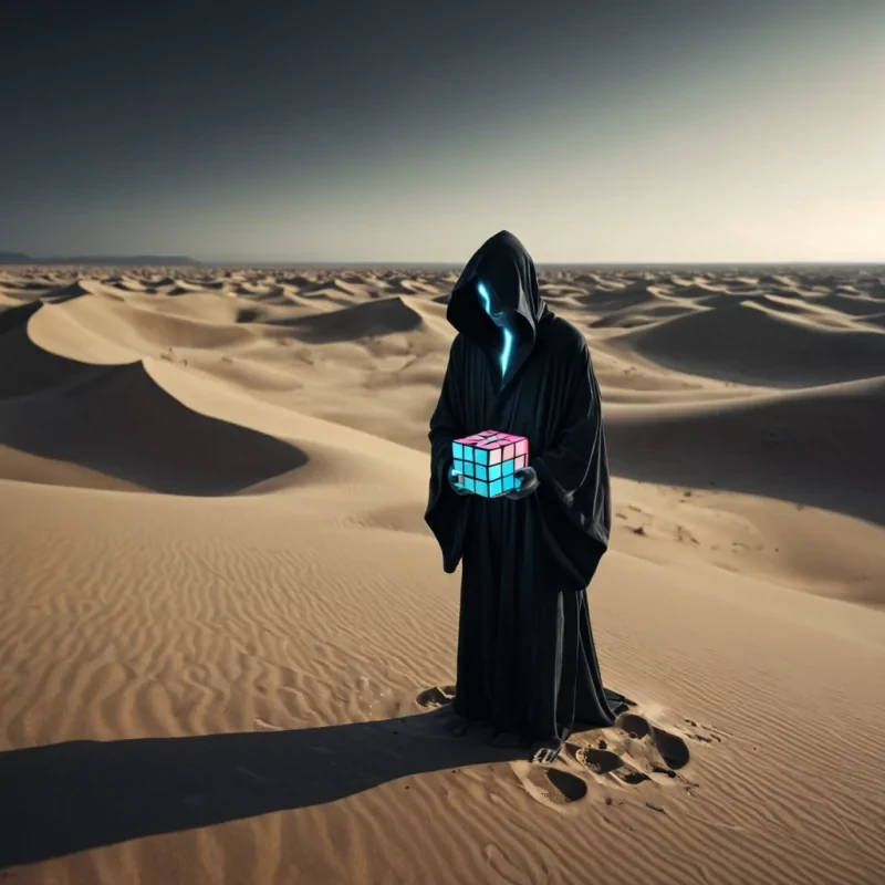 A hyperrealistic, 4K portrait of a sentient, levitating, neonlit holographic Rubiks cube, its ethereal form pulsating with intricate, bioluminescent fractal patterns, set against a surreal, monochromatic landscape of undulating, shadowy dunes, with volumetric lighting casting dramatic shadows and emphasizing the cubes dynamic, fluid movements, and a subtle, cool bokeh effect creating a sense of isolation and mystery, as a lone, spectral figure, cloaked in a tattered, hooded robe, stands silently at the edge of the frame, their face obscured by shadows, adding an enigmatic, haunting touch to the otherwise abstract scene.