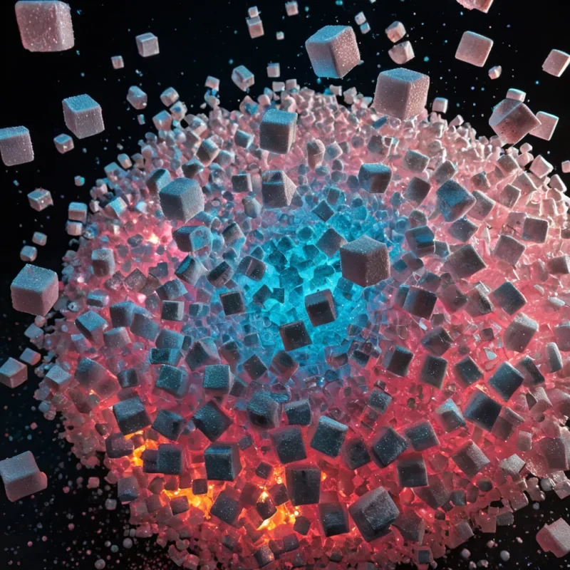 A horizontal, hyperrealistic photograph of a dense, circular arrangement of oversized, crystallized sugar cubes, each translucent and glowing with a warm, amber internal light, floating in a zerogravity environment. The sugar cubes are not solid but porous, containing tiny, suspended bubbles of liquid neon pink and electric blue that swirl slowly within the lattice structure. Surrounding the central cluster is a chaotic, swirling nebula of fine, metallic silver dust and fragmented pieces of shattered, iridescent glass, creating a dynamic sense of motion and depth. The lighting is dramatic and highcontrast, with a strong, white key light from the upper right casting sharp, geometric shadows and highlighting the faceted edges of the sugar structures. The background is a deep,
