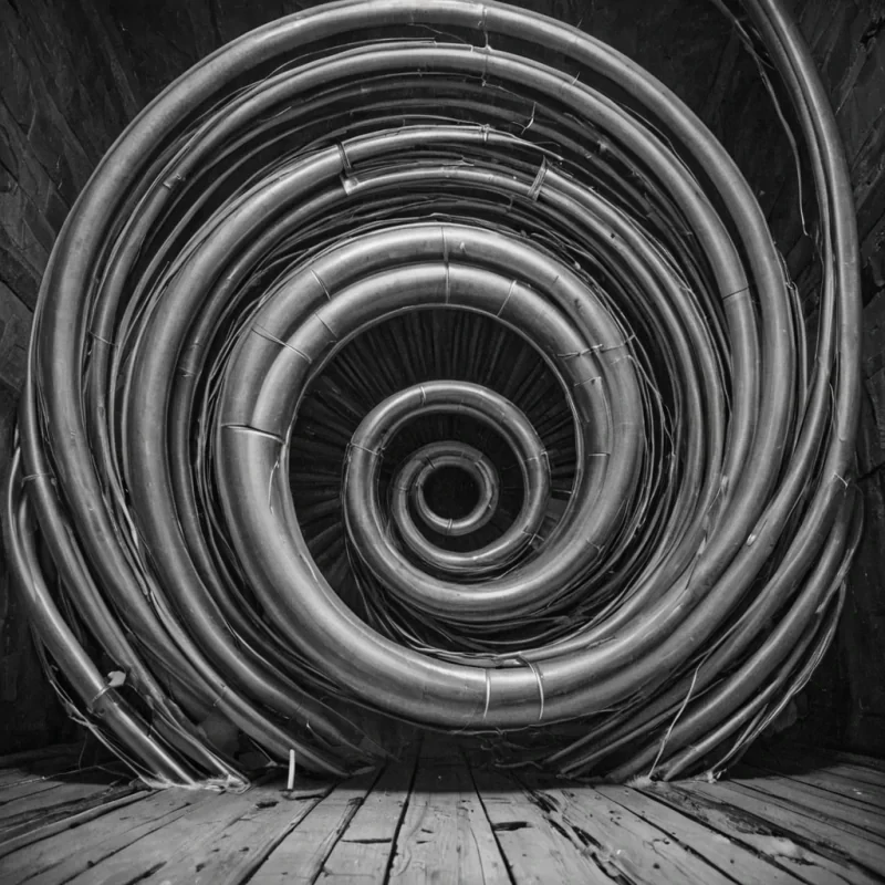 A single, selfilluminating filament of reversed silence, shaped like a 4,317dimensional spiral of unformed stillness and inverted quiet, drifts through the hollow core of a vast, inverted cathedral of solidified sound. Each twist is spun from the exact moment between a chime resonating and its refusal to echo, a hymn forming on lips and dissolving into nonvibration, a bell tolling and collapsing into pure, unmeasured nonacoustics. The filament does not amplify quietit unamplifies it, each trembling coil shedding a layer of sonic potential that never coalesced into harmony, reverence, or the weight of being heard. As it spirals backward through the infinite vaults