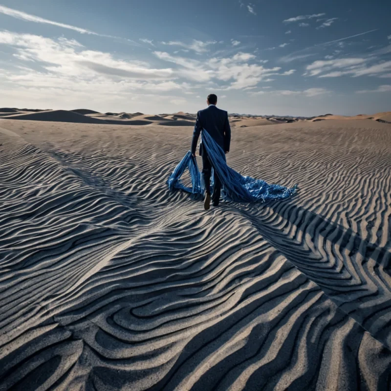 A lowangle, cinematic photograph of a vast, indoor desert landscape constructed entirely from compressed, layered sheets of recycled denim fabric. The dunes are not made of sand, but of thick, indigo and slateblue textile waves, their surfaces rippled into complex, fractal patterns by a heavy, localized gravity. Walking across this fabric terrain is a solitary figure wearing a suit made of woven, reflective silver threads that mirror the surrounding blue hues. The figure is dragging a long, thin tail of luminous, orangeglowing liquid mercury that leaves a wet, dark trail in the denim sand. Above, the sky is a ceiling of tightly packed, suspended, dry ice clouds that drift slowly, casting long, soft shadows across the textile dunes