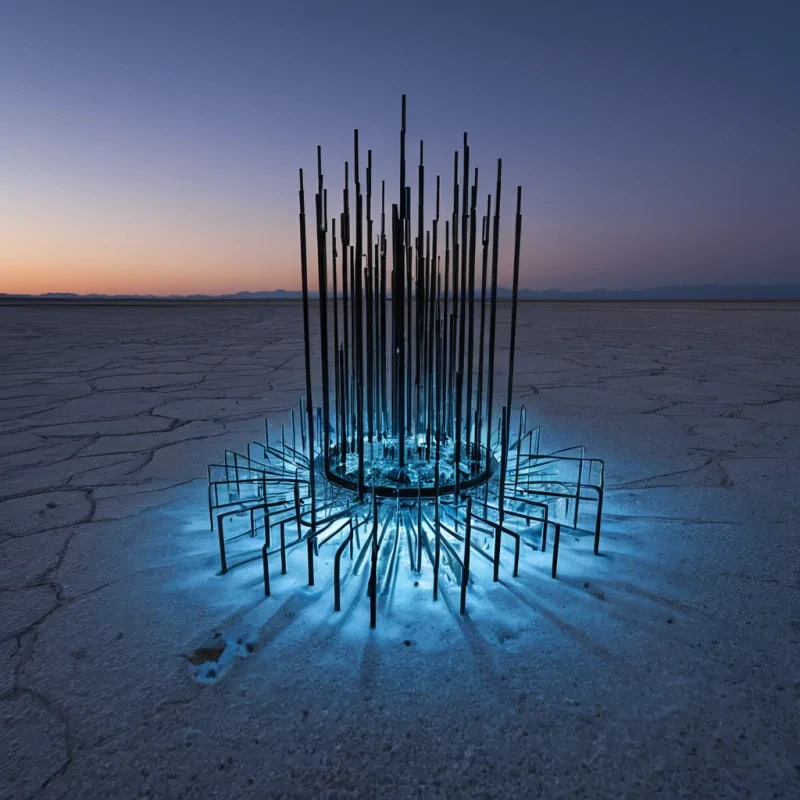 A wideangle, eyelevel shot of a vast, arid salt flat under a twilight sky, where the ground is a cracked mosaic of white crystalline hexagons reflecting the deep indigo heavens. In the center stands a colossal, monolithic structure made of layered, translucent sheets of frozen water and embedded metallic gears, creating a kinetic sculpture that appears to be slowly melting into the ground. The structure emits a soft, cool blue light from within, illuminating the intricate mechanical details of its core. Surrounding the base are rows of tall, slender, black metal rods that resemble organ pipes, some of which are emitting thin trails of steam that rise vertically into the cold air. In the foreground, a lone figure wearing a bulky, insulated park