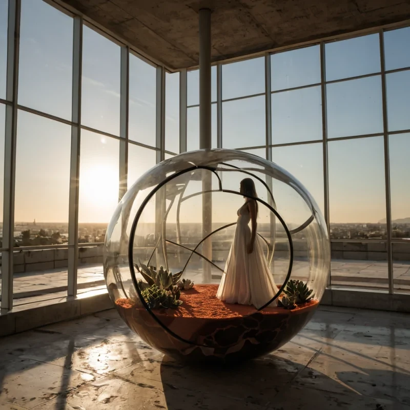 A horizontal, eyelevel medium shot of a minimalist, sundrenched solarium constructed from translucent, honeycombpatterned bioresin panels, situated on the roof of a brutalist concrete tower in a coastal city. The floor is a seamless expanse of polished white marble that reflects the intense, goldenhour sunlight, creating long, dramatic shadows. In the center, a large, spherical terrarium made of clear, thick glass contains a miniature, arid desert ecosystem with smooth, red sand dunes and sparse, silverleafed succulents. Inside the sphere, a single, elegant figure wearing a floorlength, sheer white gown stands still, their silhouette sharply defined against the bright interior. Outside the sphere, the background features a blurred