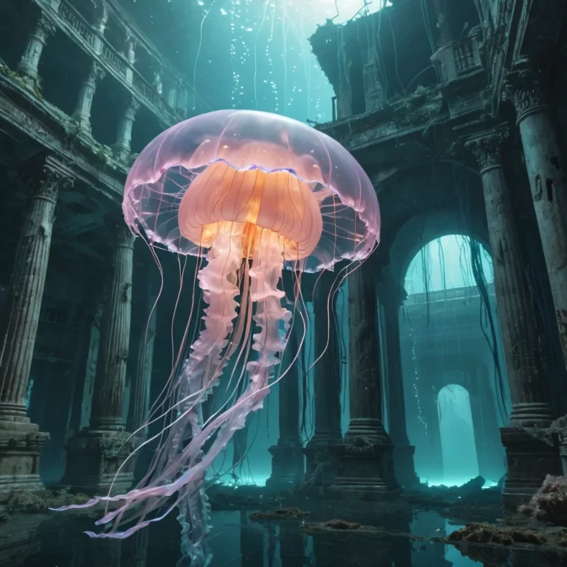A sentient, glowing jellyfish floats through an abandoned underwater city, its tendrils illuminating ancient architecture, hyperrealistic, 4K, cinematic lighting, volumetric lighting, atmospheric effects, soft focus, pastel tones, detailed textures.