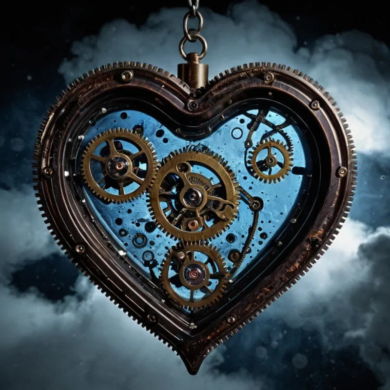 A photorealistic, extreme closeup shot of a suspended, intricate clockwork heart crafted from tarnished silver and polished mahogany, with visible brass gears turning within a cavity of deep, translucent sapphire glass. The heart is surrounded by a dense cloud of microscopic, glowing spores that drift like golden dust in the still air, catching the light from a single, focused beam of cool, lunar blue illumination that pierces through a dark, velvety background. The surrounding environment is a void of matte black texture, emphasizing the sharp, mechanical details of the clockwork components and the soft, ethereal glow of the floating particles. The composition is centered, with a shallow depth of field that blurs the distant background into smooth, dark gradients