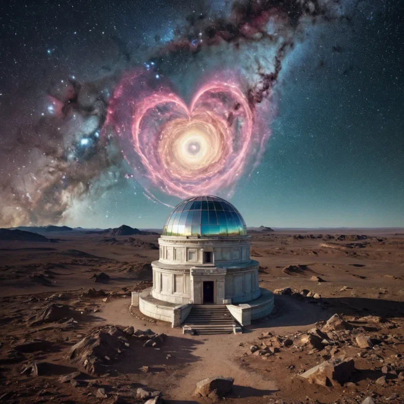 An otherworldly, colossal, ancient observatory, its iridescent, crystalline domes piercing the heart of a boundless, nebulakissed cosmos, stands as a silent, celestial observatory. The observatorys colossal, dormant telescopes, a labyrinth of interlocking, luminescent lenses, cast dynamic, ethereal shadows across the celestial expanse, revealing intricate, ancient astronomical symbols etched into the weathered, stardustkissed terrain. Within, a spectral figure, clad in a tattered, vintage astronomers coat, drifts through the desolate, holographic interior, their form composed of swirling, stardustkissed motes of light