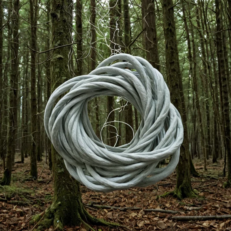 A single, selfunfolding knot of reversed gravity, shaped like a 5,317dimensional tangle of unformed weight and inverted mass, floats at the center of a vast, inverted forest of solidified levitation. Each twist is spun from the exact moment between a stone falling and its refusal to accelerate, a leaf drifting upward and dissolving into nondescent, a breath released into the air and collapsing into pure, unmeasured nonmomentum. The knot does not anchor spaceit unanchors it, each unraveling loop shedding a layer of gravitational potential that never coalesced into pull, pressure, or grounding, reforming into ephemeral, jadeveined vapor that rises like a sigh from a world that