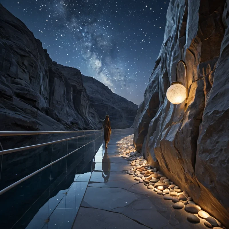 A hyperrealistic, eyelevel wide shot of a serene, highaltitude sanctuary built into the side of a towering, sheer cliff face made of translucent, frosted alabaster. The structure is composed of sleek, curved pods resembling oversized, smooth river stones, seamlessly integrated into the rock via delicate, gossamerthin suspension cables that shimmer with a faint, pearlescent glow. In the foreground, a figure with skin the texture of polished marble and hair made of flowing, silver liquid stands on a narrow, floating walkway, holding a lantern that emits a warm, amber glow, illuminating the intricate, etched constellations on the walkways surface. The background reveals a vast, endless sky of deep indigo