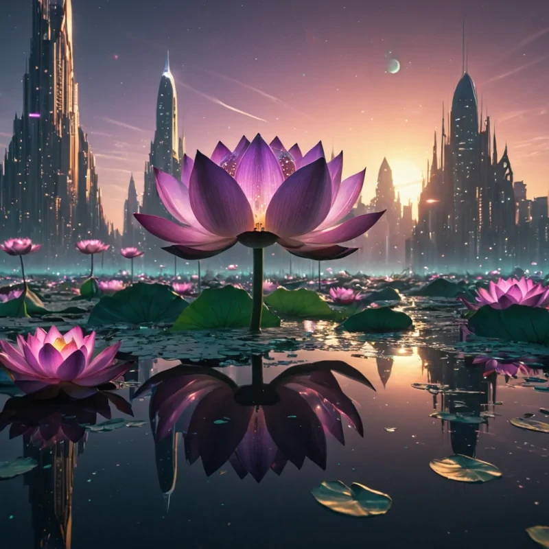 Photorealistic, titanic, crystalline, lotus pond metropolis, its hyperrealistic, 4K, translucent, lotus petals unfurling ultra HD, bioluminescent, zerogravity ecosystems. Volumetric lighting from unseen, pulsating, bioluminescent hearts etches the citys ethereal, geometric architecture, casting intricate, dynamic, neon shadows on the inverted, reflective void. Cinematic lighting bathes the scene in vibrant, extraterrestrial hues, with lens flare emphasizing the citys central, radiant, throbbing, crystalline heart, pulsating with captive, alien energy.