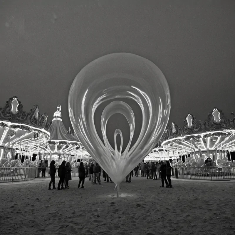 A single, selfoscillating membrane of reversed laughter, shaped like a 1029dimensional Mbius strip of unformed mirth and inverted joy, vibrates at the center of a vast, inverted amusement park of solidified stillnesseach ride frozen midloop at the exact moment between a scream erupting and its refusal to echo, a balloon floating and dissolving into nonbuoyant air, a carousel spinning and collapsing into motionless silence. The membrane does not amplifyit unamplifies, each trembling fold shedding a layer of euphoric potential that never coalesced into a shared delight, reforming into ephemeral, citrinefractured afterimages shaped like the negative space between two mouths that