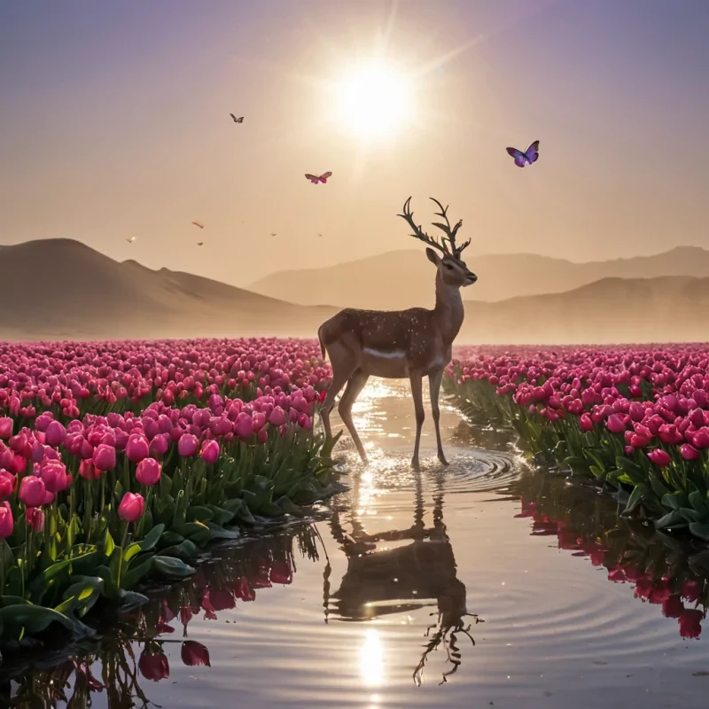 A shimmering, golden desert oasis tranquil under a vast, azure sky. In the center, a vibrant pink tulip grows to towering proportions, its petals a radiant gradient of deep rose to brilliant gold, reflecting sharp sunlight into the air. Ethereal butterflies with iridescent wings hover and dance around the tulips base, their wings shimmering like liquid amethyst. The oasiss water mirrors the sky perfectly, with gentle ripples spreading across its surface, each ripple creating a delicate distortion of the suns volumetric light. A pale, moonwhite gazelle with spiraling antlers stands gracefully on the edge, its coat glowing softly in the sunlight. The background dissolves into a haze of warm, golden sand dunes, punctuated