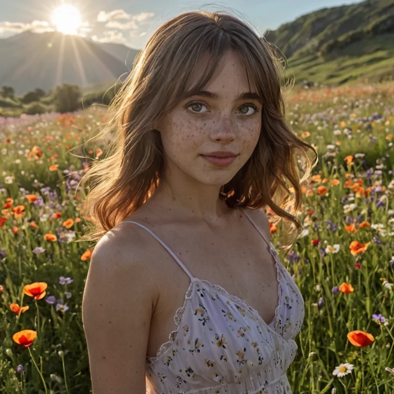 A hyperrealistic, photorealistic fullbody portrait of a cute animefaced teen girl with soft, delicate features, large expressive eyes with intricate, detailed irises and natural reflections, a gentle, warm smile with slightly parted lips revealing a hint of teeth, and smooth, flawless skin adorned with delicate freckles. She has long, flowing hair with natural highlights and soft waves, gently framing her face and cascading down her back. She stands in a sunlit meadow filled with wildflowers of various colorsdaisies, poppies, lavender, and buttercupsbathed in golden hour sunlight that creates a warm, radiant glow across her body and the surrounding landscape. She wears a light, flowing summer dress made of sheer, lightweight fabric that gently billows in a soft breeze, emphasizing movement and grace. The dress is kneelength, with thin straps and subtle floral patterns, complementing the natural setting. The background is a vibrant, lush meadow under a clear blue sky with scattered fluffy clouds, enhancing the serene and peaceful mood. The lighting is soft, natural, and cinematic, casting gentle shadows and highlighting the textures of her skin, hair, and dress. The image is ultradetailed, 8k resolution, with high dynamic range, lifelike textures, and realistic proportions. Art style photorealistic with animeinspired facial proportionslarge eyes, small nose, delicate jawlineblending realism with the charm of anime aesthetics. Camera perspective fullbody portrait, slightly angled from the frontleft, capturing her entire figure from head to toe, with a shallow depth of field that keeps her in sharp focus while softly blurring the background. Wellgenerated, highdetailed face and body, hyperrealistic, with natural skin tones and realistic proportions