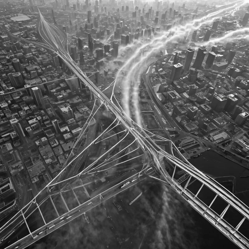 A single, selfresonating filament of liquefied geometry pulses through the core of a floating, inverted cityscape constructed from the thermal afterimage of a thousand unconstructed bridges that never spanned the chasms of a world that never required connection. The filament does not flowit unflows, each pulse dissolving a moment of structural intent into its original formlessness, releasing a wave of negative architecture that fractures the fabric of infrastructure into a drifting mist of chrome, geometric voids, each one etched with the chromatic echo of a name that never trembled across the surface of a span that never bore weight. The citys streets are not pavedthey ripple backward like the memory of a route that never existed, each intersection a hollow