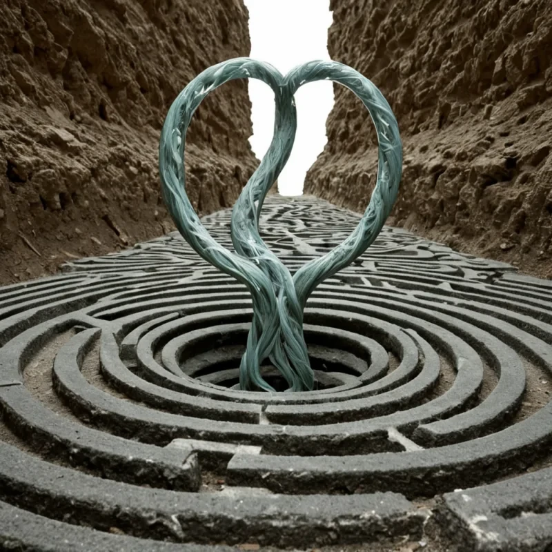 A single, selfilluminating tendril of compressed paradox, shaped like a 19dimensional Klein bottle of reversed causality and unformed consequence, pulses at the center of a vast, inverted labyrinth of solidified decisionseach corridor carved from the petrified hesitation of a civilization that measured freedom not by choice, but by the duration of synchronized, breathless moments held just before the first action was ever permitted to unfold in a world where agency was forbidden. The tendril does not glowit unchooses, each refractive fold shedding a layer of volitional potential that never coalesced into a shared path, reforming into ephemeral, jadethreaded afterimages shaped like the negative space between two feet that never stepped forward