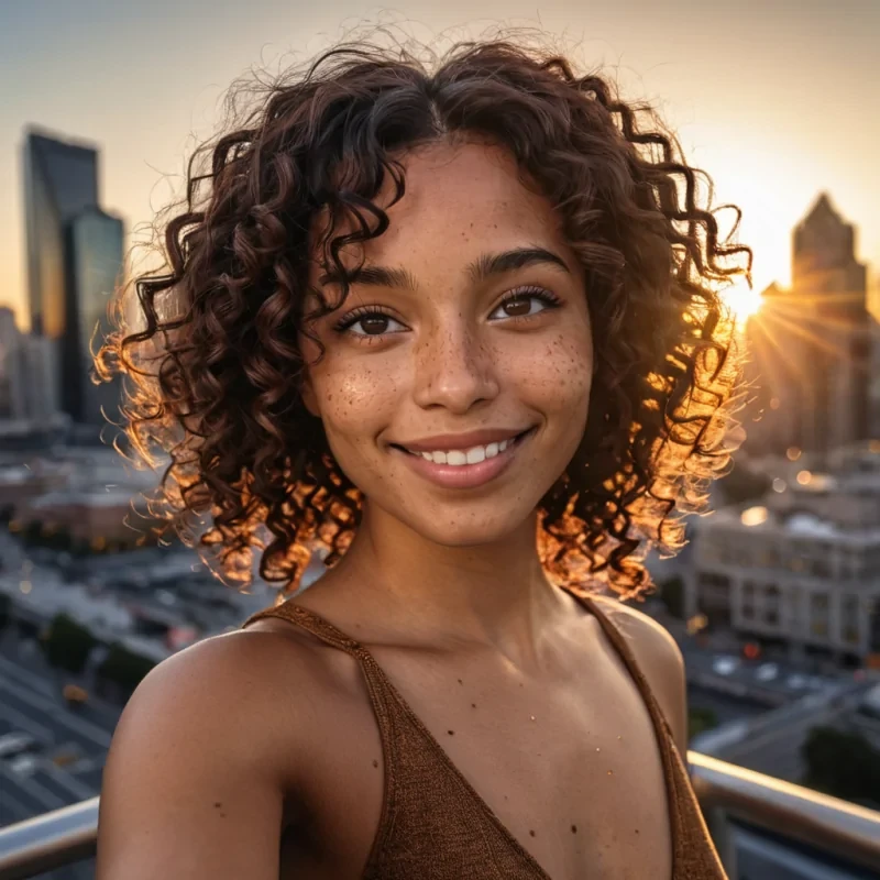 A photorealistic, 4K selfie of a human female with warm brown skin and freckles, her curly, jetblack hair cascading over her shoulders. Her eyes are a striking hazel, catching the soft golden glow of the setting sun. She smiles confidently, framed by a background of a sleek, modern city skyline at dusk, its lights beginning to twinkle against the deepening blue of the sky. The lighting is natural and warm, highlighting the contours of her face and adding a vibrant, lively energy to the composition. A subtle lens flare from the sun adds depth and realism to the image