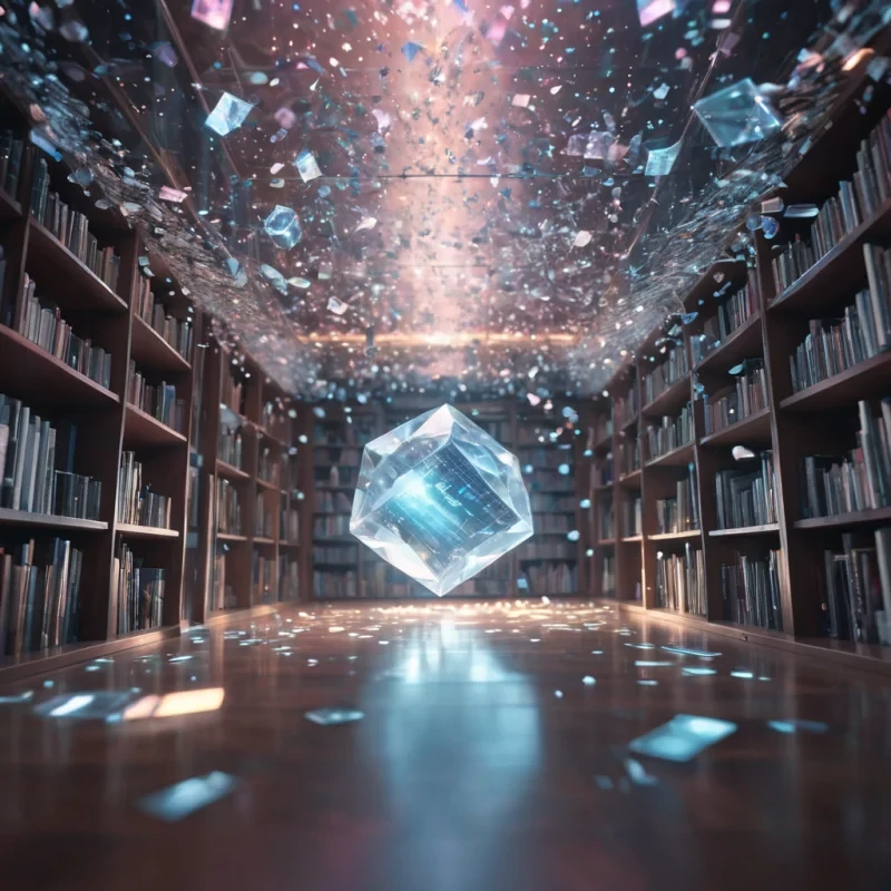 A sentient, crystalline entity drifts through a zero gravity library, its facets reflecting holographic texts that float and rearrange themselves, hyperrealistic, ultra HD, cinematic lighting, volumetric lighting, atmospheric effects, bokeh effect, soft focus, pastel tones, detailed textures.