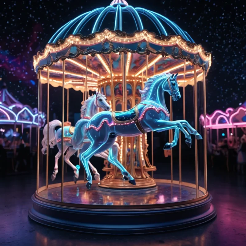 Hyperrealistic neon carousel in a glass dome, reflective metallic horses spinning under starry sky, holographic ribbons floating in volumetric lighting, dynamic shadows, soft focus, vibrant colors, 4K